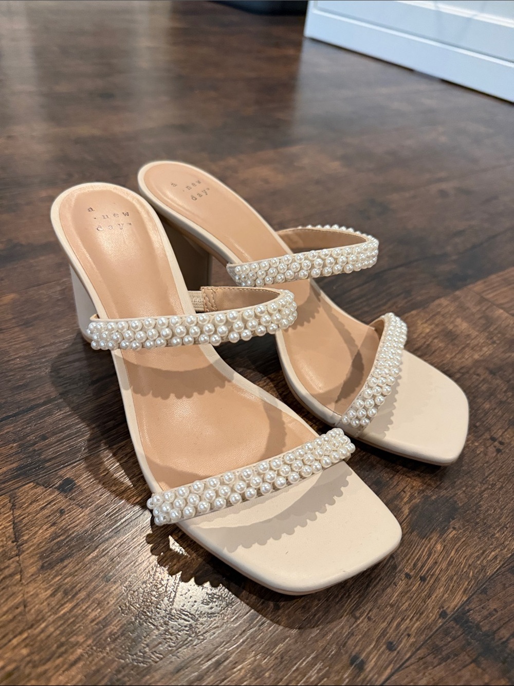 a new day Pearl-Trim Cream Block Heel Mules